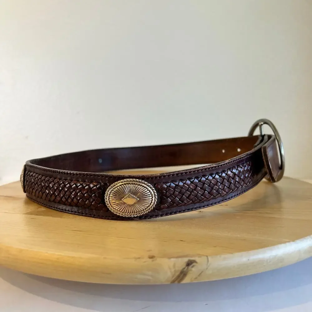 90s Brown Woven Starburst Studded Western Large Silver Buckle Belt Size Small